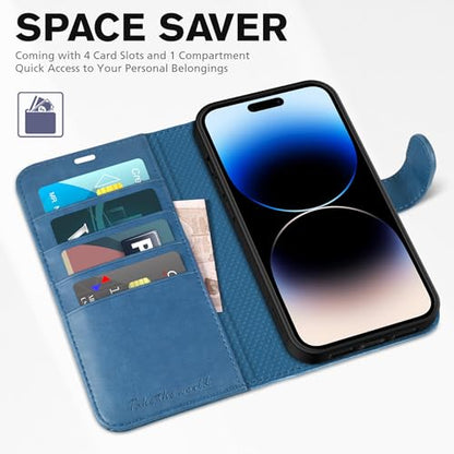 TUCCH Case Wallet for iPhone 14 Pro (6.1"), RFID Blocking Folio, Light Blue | 4 Card Holders, Kickstand, PU Leather, Magnetic Closure, Shockproof TPU Shell, Protective Flip Cover - color: Light Blue