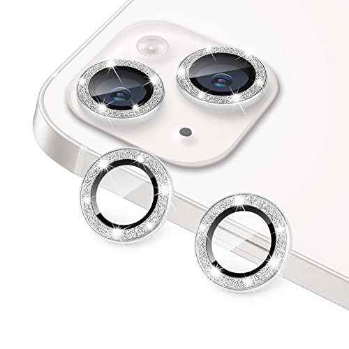 for iPhone 14 & iPhone 14 Plus Camera Lens Protector, Bling Glitter Diamond Lens Cover 9H Tempered Glass Camera Cover Anti Scratch Lens Protector Individual Lens Ring - 2PCS Glitter Silver - color: Silver Glitter