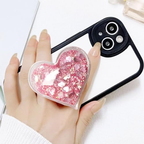 Cute Heart-Shaped Expanding Phone Grip - Pink Quicksand Glitter Collapsible Phone Mount Holder Stand for Girls Women, Lovely Phone Charm and Accessories，Finger Snap Grip Holder for Kindle, iPhone