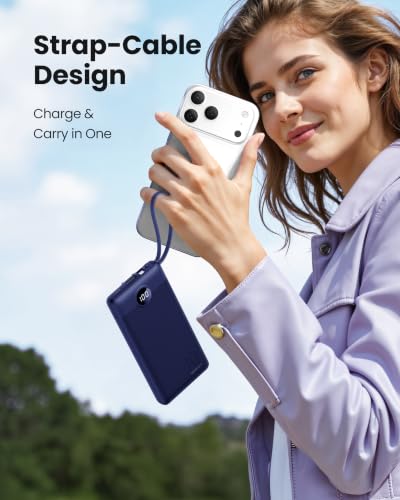 Portable Power Bank, Compact 10000mAh Portable Charger with 4 Cables, USB C Battery Pack 5 Outputs 2 Inputs LED Display Compatible with iPhone/Android & More (Navy Blue) - color: Navy Blue