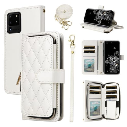 Wallet Case for Samsung Galaxy S20 Ultra 5G with Wrist Strap, Crossbody Shoulder Strap, Leather Stand Cell Phone Cover with 9+ Card Slots for S20ultra 20S S 20 A20 S2O 20ultra G5 Women White | Wrist/Shoulder Strap, Purse, PU Leather, Stand, Cell Phone Cov