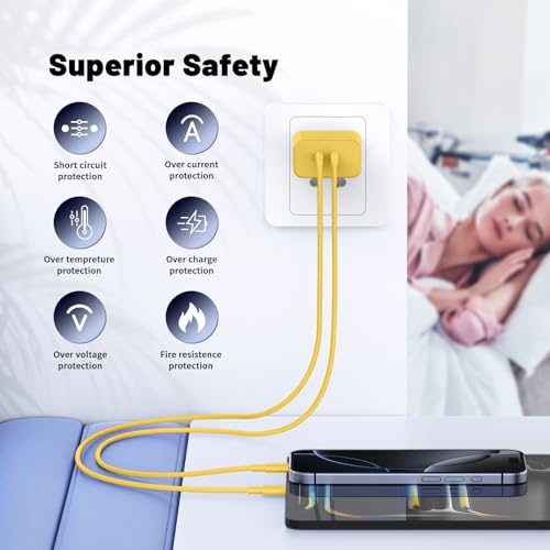 QZIIW iPhone 17 16 15 Pro Max Fast Charger,45W Dual Port USB C Fast Charger - color: Yellow, size: 3FT+6FT+10FT+10FT