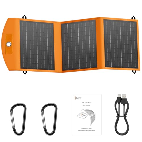 SOLUPUP Solar Panels 30W Portable Foldable Solar Charger with 5V USB-A and USB-C Fast Charging Compatible with iPhone, iPad, Samsung, Power Banks, IPX5 Waterproof Perfect for Camping, Hiking, Outdoor - size: 30W