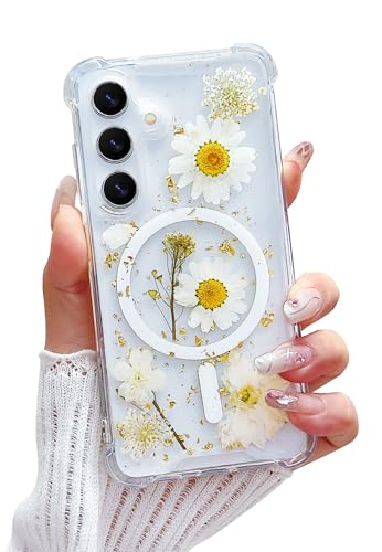 Compatible with Samsung Galaxy A16 4G/5G Case,Compatible with MagSafe,Cute Pressed Dried Flowers Design Women Girly Shockproof Floral Clear Magnetic Case for Galaxy A16 (White) - color: Magnetic+White, size: Samsung A16