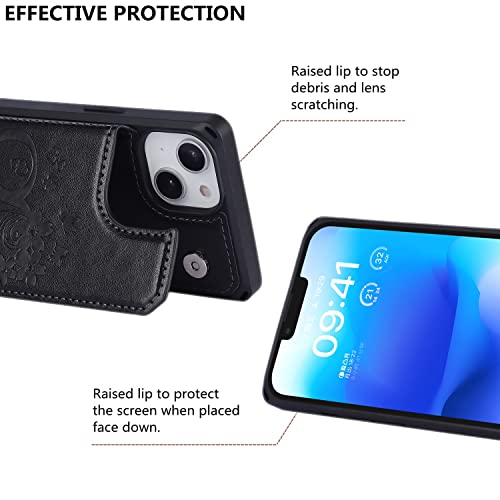 iCoverCase Compatible with iPhone 14 Wallet Phone Case with Card Holder for Women, RFID Blocking Embossed PU Leather Wrist Strap Case 6.1 Inch (Heart Black) - color: H-Black