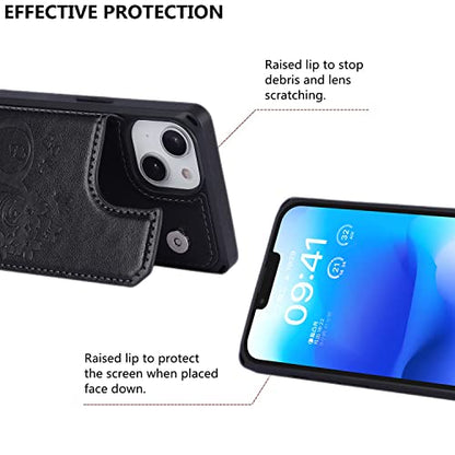 iCoverCase Compatible with iPhone 14 Wallet Phone Case with Card Holder for Women, RFID Blocking Embossed PU Leather Wrist Strap Case 6.1 Inch (Heart Black) - color: H-Black