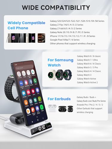 Wireless Charger for Samsung S25 with Clock 3 in 1 Android Charging Station - color: White