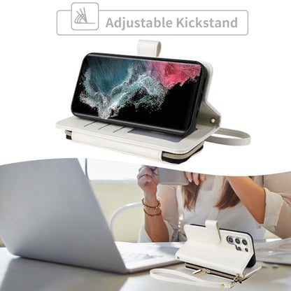 Wallet Case for Samsung Galaxy S21 Ultra 5G with Wrist Strap, 9+ Card Slots Zipper Purse, Luxury PU Leather Stand Full Body Phone Cover for S21ultra 21S S 21 21ultra G5 Women Girls White | Wrist/Shoulder Strap, Card Slots, Purse, Luxury PU Leather, Stand,