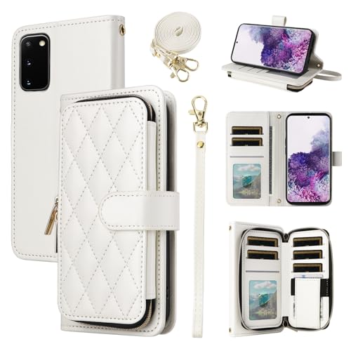 Wallet Case for Samsung Galaxy S20 5G 6.2 inch with Wrist Strap, Crossbody Shoulder Strap, Luxury PU Leather Stand Cell Phone Cover with 9+ Card Slots for S 20 20S UW S2O G5 Women White | Girls, Wrist/Shoulder Strap, 9+ Card Slots, Zipper Purse, Luxury PU