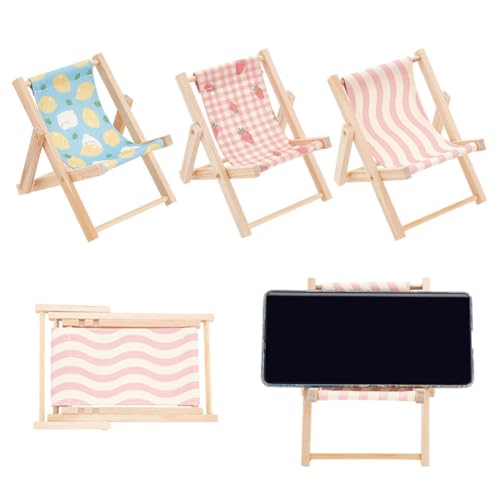 WEBEEDY 3pcs Cell Phone Holder Wood Canvas Beach Deck Chair Foldable Cell Phone Holder 3 Styles Adjustable Mini Folding Chair Cell Phone Stand Desktop Multifunction Mobile Phone Holder