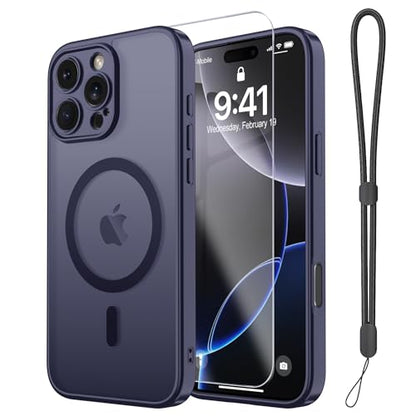 Magnetic Case for iPhone 16 Pro Case with Screen Protector+Wrist Strap | Compatible with MagSafe,Full Camera Protection,Slim Translucent Matte Phone Cover,Dark Purple - color: Dark Purple