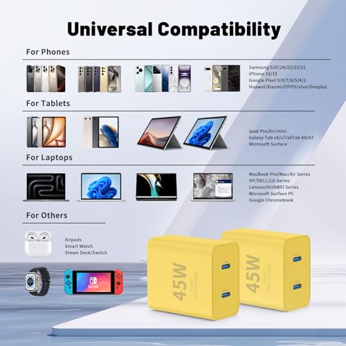 QZIIW iPhone 17 16 15 Pro Max Fast Charger,45W Dual Port USB C Fast Charger - color: Yellow, size: 3FT+6FT+10FT+10FT