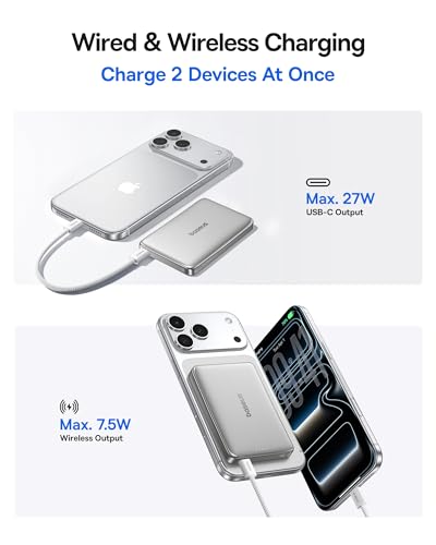 Baseus Picogo Power Bank, 0.5" Ultra Slim 10000mAh MagSafe Portable Charger, Upgraded CCC Certified 27W Fast Charging Magnetic Battery Pack, Alloy Wireless Charger for iPhone 17/16/15/14/13/12 - color: Polished Natural Titanium
