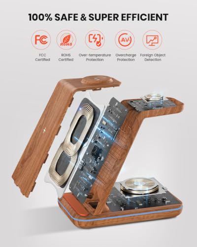 GEEKERA Wireless Charger, 3 in 1 Wireless Charging Station for iPhone Air/17/16/15/14/13/12/11, Phone and Watch Charger Stand for Apple Watch Ultra 3-2/11-2/SE, AirPods Pro/4/3/2, Dark Wood - color: Wood Grain