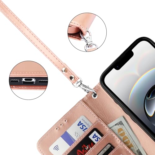 Bocasal Detachable Wallet Case Card Holder for iPhone 17e/16e, Rose Gold | RFID Blocking Kickstand Card Slots Holder PU Leather Magnetic Shockproof Wrist Strap Removable Flip Protective Cover 6.1 inch - color: Rose Gold