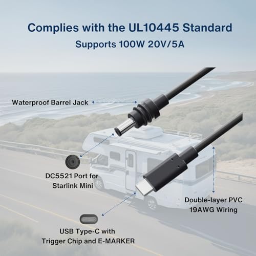 DC to USB-C Power Cable for Starlink Mini 10M/33FT, Support PD 100W 20V/5A Input, 19AWG Cord & Waterproof Barrel Jack, Compatible with USB-C PD Power Bank Charger Power Supply - size: 10M/33FT
