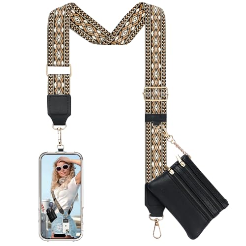 TiMOVO Clip and Go Phone Strap Crossbody with Leather Wallet, Adjustable Anti-Theft Lanyard with Pouch for Most Phone Case - color: Black & Brown