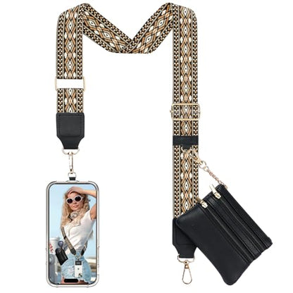 TiMOVO Clip and Go Phone Strap Crossbody with Leather Wallet, Adjustable Anti-Theft Lanyard with Pouch for Most Phone Case - color: Black & Brown