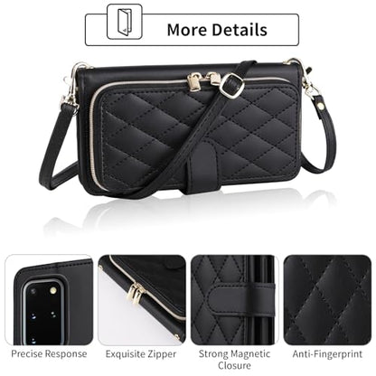 Wallet Case for Samsung Galaxy S20 Plus S20+ 5G with Wrist Strap, 9+ Card Slots Zipper Purse, Luxury PU Leather Stand Full Body Phone Cover for S20+5G S20plus 20S + S2O S 20 20+ G5 Women Black | Wrist/Shoulder Strap, Card Slots, Zipper Purse, PU Leather S