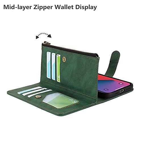 iCoverCase Compatible with iPhone 13 Wallet Phone Case with Card Holder, PU Leather Zipper Pocket Magnetic Detachable Flip Case with Wrist Strap (Green) - color: Detachable--Green