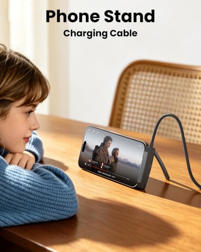 USB-C to Lightning Cable with Built-in Phone Stand - 2-in-1 Invisible Holder iPhone Charger Cord, MFi Certified 27W PD Fast Charging 90 Degree Sideways iPhone Charger for iPhone 14-5, iPad, Gaming