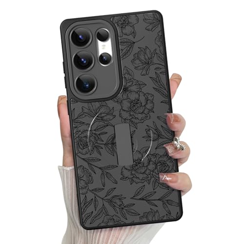 MZELQ for Samsung Galaxy S25 Ultra Case Rose Floral Flower Pattern -Black | Silicone Cute Support for MagSafe, Kickstand Wristband Camera Protection Soft Slim Phone Case for Girls Women - color: Black-Rose, size: Samsung Galaxy S25 Ultra