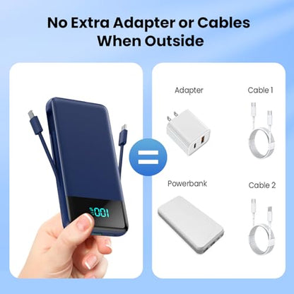 Portable Charger for iPhone,13800mAh Slim Power Bank with Built-in Cables & AC Wall Plug,All in One 4 Outputs USB C Fast Charging Battery Pack Travel Essential for iPhone 17/16/15/14,Android (Blue) - color: Blue