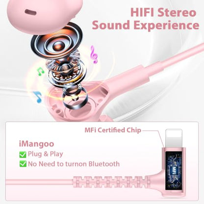 iMangoo for Apple MFi-Certified Lightning Wired Earbuds Headphones with Mic - color: Pink