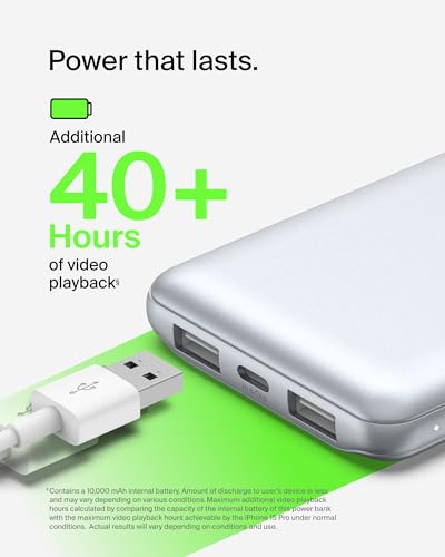 Belkin 10000mAh 15W 3 Port Power Bank, USB A to USB C Cable Included | Fast Charging, iPhone 17, Samsung Galaxy, Pixel, Airpods, iPad, Nintendo Switch 2, Battery Pack, USB C Port, USB A Port - color: Pearl Blue