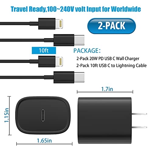 for iPhone 14 13 12 11 Fast Charger USB C Wall Charger [2-Pack] 10FT Fast Charging Cable Compatible with iPhones 14/14 Pro/14 Pro Max/Phone 13/12/11/X/8/7/6/iPad Pro/Mini,Black - color: Black, size: 10ft