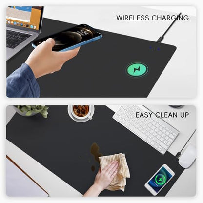Mouse Pad with Wireless Charging, PU Leather Fast Charging Gaming Mouse Pad, Waterproof Anti-Slip Surface, Easy Clean Office Table Mat, 32L x 16W x 0.15H inches, Black(Right Side Charging Port)
