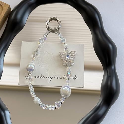 Rhinestone Bead Phone Charm for Women, Butterfly Bow Beaded Wrist Strap Lanyard with Tether Tab – Anti-Theft Hands-Free Detachable Phone Chain Wristlet - color: Butterfly Beads White