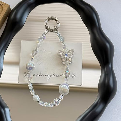 Rhinestone Bead Phone Charm for Women, Butterfly Bow Beaded Wrist Strap Lanyard with Tether Tab – Anti-Theft Hands-Free Detachable Phone Chain Wristlet - color: Butterfly Beads White