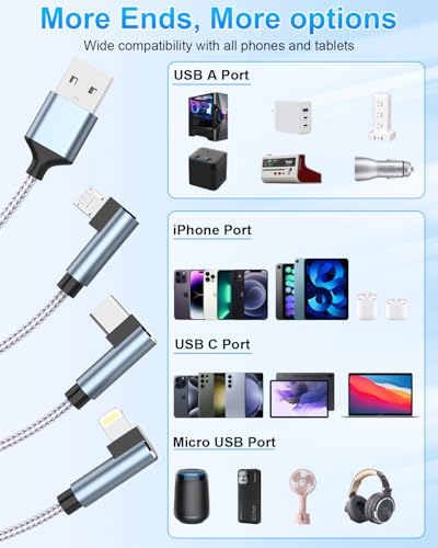 Multi USB Cable, 3 in 1 Multi Charging 90 Degree Universal Charging Cable with Phone/Micro/USB Type C Nylon Multi Charging Cable for Phone 16/15/14, Samssung, Huawei, Xiaomi, Laptop Tablet 1.8m