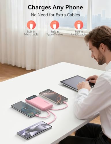 Nusyddy Portable Charger 10000mAh with 4 Built-in Cables & 6 Outputs Pink - color: Pink