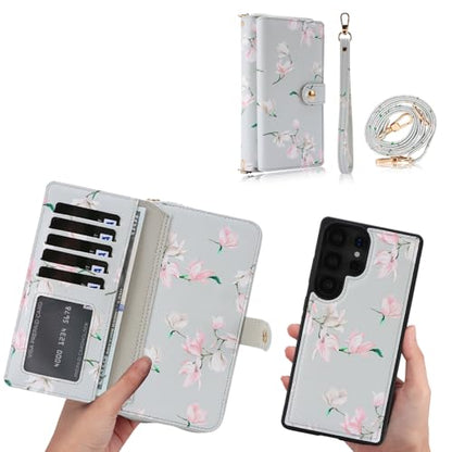 LITOU Compatible for Samsung Galaxy S26 Plus Crossbody Wallet Phone Case - color: GrayFlower, size: S26 Plus