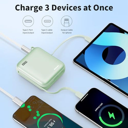 Hichain Portable Charger with Dual Built-in Cables 10000mAh Small Power Bank 22.5W Fast Charging Mini Powerbank LED Display Travel Essential Battery Pack for iPhone 17 16 15 14 13 All Series Green - color: Green