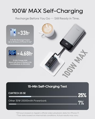 CUKTECH 25000mAh Power Bank, 100W Laptop Portable Charger with Built-in USB-C Cable, 100W Fast Recharge, 90Wh Travel Battery Pack for MacBook Air/Pro, iPhone, Galaxy, Pixel, iPad, Steam Deck