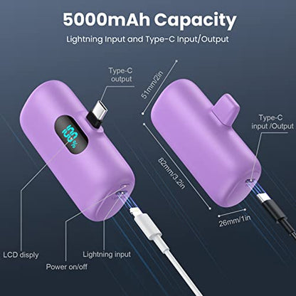 [2-Pack] Mini Portable Charger 5000mAh Power Bank,3A PD USB C Cell Phone Portable Power, LCD Display Battery Pack Compatible with iPhone 17/17 Air/16/16 pro/15/15 pro Max/Android/Samsung/Moto/LG etc - color: green+purple