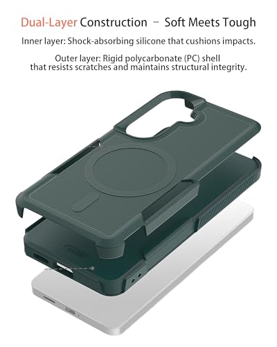 Heavy Duty Magnetic Case for Samsung Galaxy S26 Plus, Military Grade Dual Layer Shockproof, Compatible with MagSafe, Matte Finish Protection Cover - color: Green, size: Galaxy S26 Plus 6.7 Inch