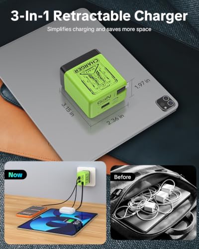 W & O Retractable Phone Charger with USB C Cable for iPhone17/16/15 - color: Green