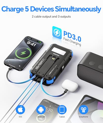 Solar Power Bank 20000mAh with 4 Panels and Build-in 3 Cables