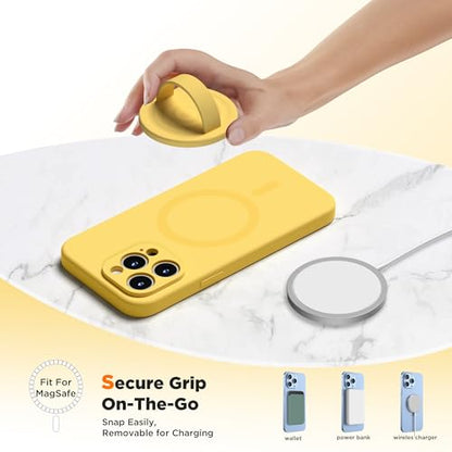 Upgraded Magnetic Phone Grip, Liquid Silicone Soft and Portable, Removable Finger Loop Ring Grip Holder for iPhone, Strong Magnetic Attraction, Compatible with MagSafe Phone Case, Yellow - color: Yellow