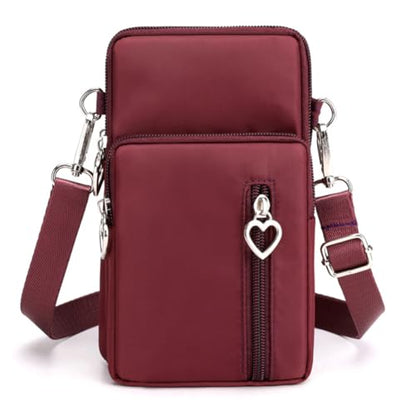 Small Crossbody Bag for Women, Multi Zip Pockets Nylon Wallet Purse Credit Card Holder with Detachable Hand Strap - color: Red
