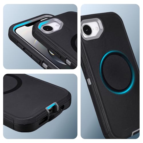 Defender for iPhone 16e Case with Belt Clip and Kickstand, Black Grey 6.1" | Compatible with MagSafe, Heavy Duty Drop Protection, Rugged Shockproof Protective Case for iPhone 16e with Kickstand - color: Black+Grey