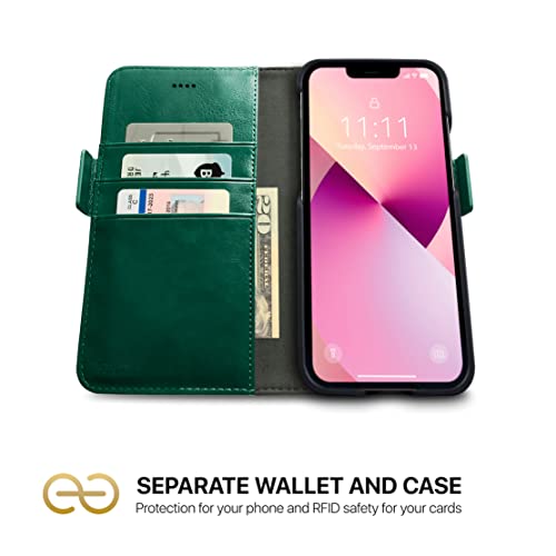 Dreem Vegan Leather Magnetic Detachable Wallet Case for iPhone 13 Green | Built-in Phone Stand, RFID Blocking Card Holder Flip Cover, MagSafe Compatible, Gift Box [Fibonacci: Green] - color: Green, size: iPhone 13
