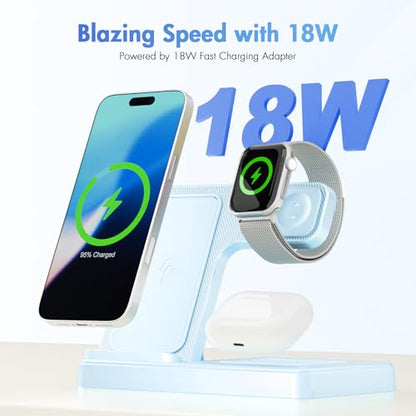 Wireless Charging Station for Apple Devices, 3 in 1 Foldable Charger Stand - color: Blue