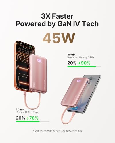 INIU 45W Fast Charging Portable Charger, 10000mAh with Built in Wall Plug | Slimmest, Built-in Wall Plug, USB-C Cable, GaN, Flight-Safe, 3 in 1 Power Bank for iPhone 17, Samsung, iPad etc, Pink - color: Pink