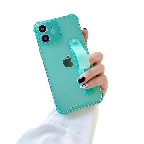 Compatible for iPhone 12 Case with Strap Holder Stand - Green | Wristband Kickstand, Clear Soft TPU, Adjustable Finger Hand Grip Loop, Shockproof Bumper Rugged Cover - color: Green, size: iPhone 12 6.1"