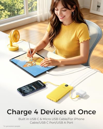 VEGER Portable Charger for iPhone, Power Bank Built in Cables and Wall Plug - color: Yellow